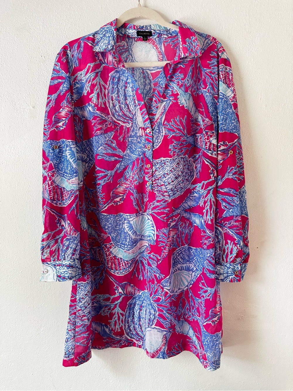 Talbots Sheer Pink and Blue Printed Seashell Swimsuit Coverup / Tunic Blouse